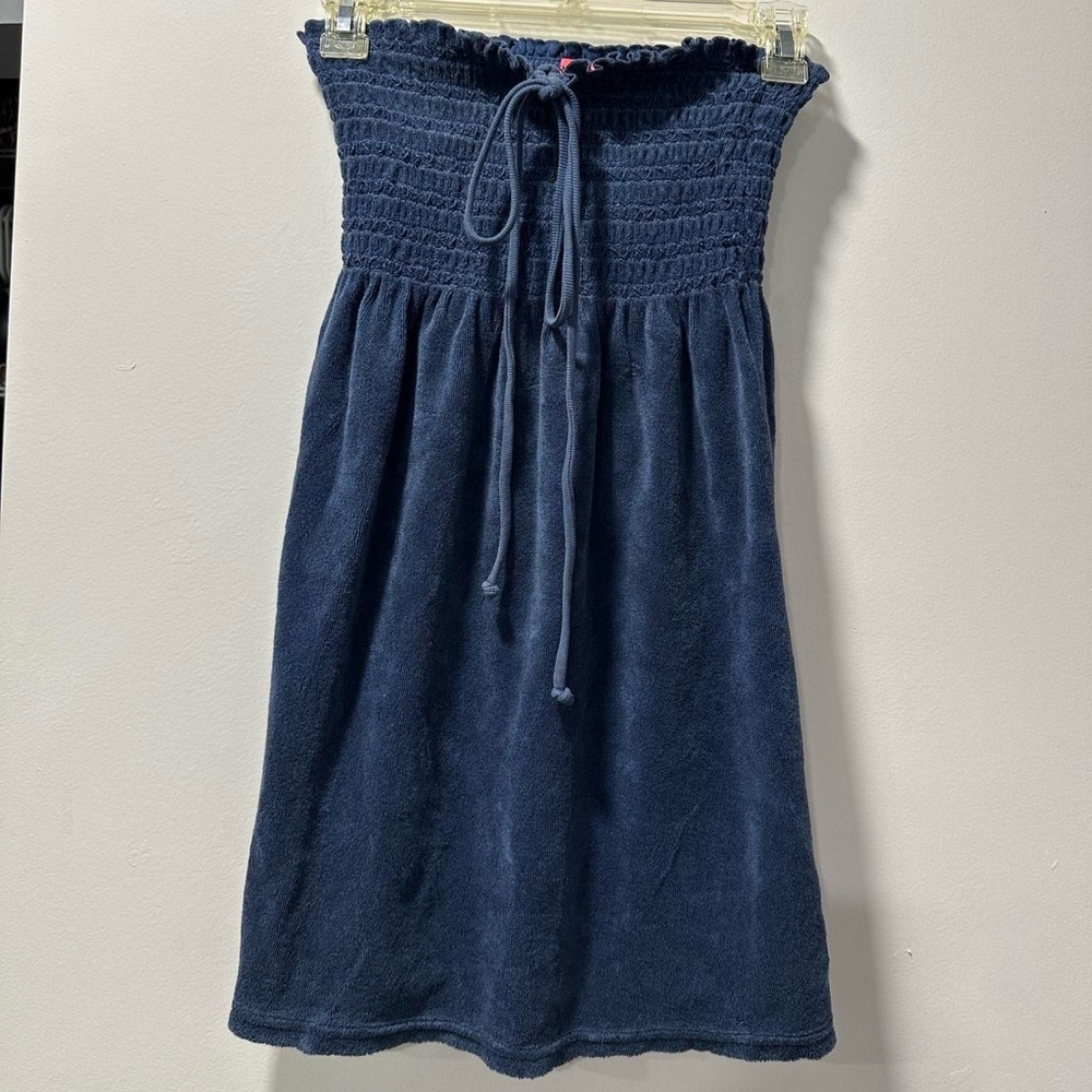 Rare Juicy Couture Navy Blue Tube Top Runched Strapless Velour Smocked Dress